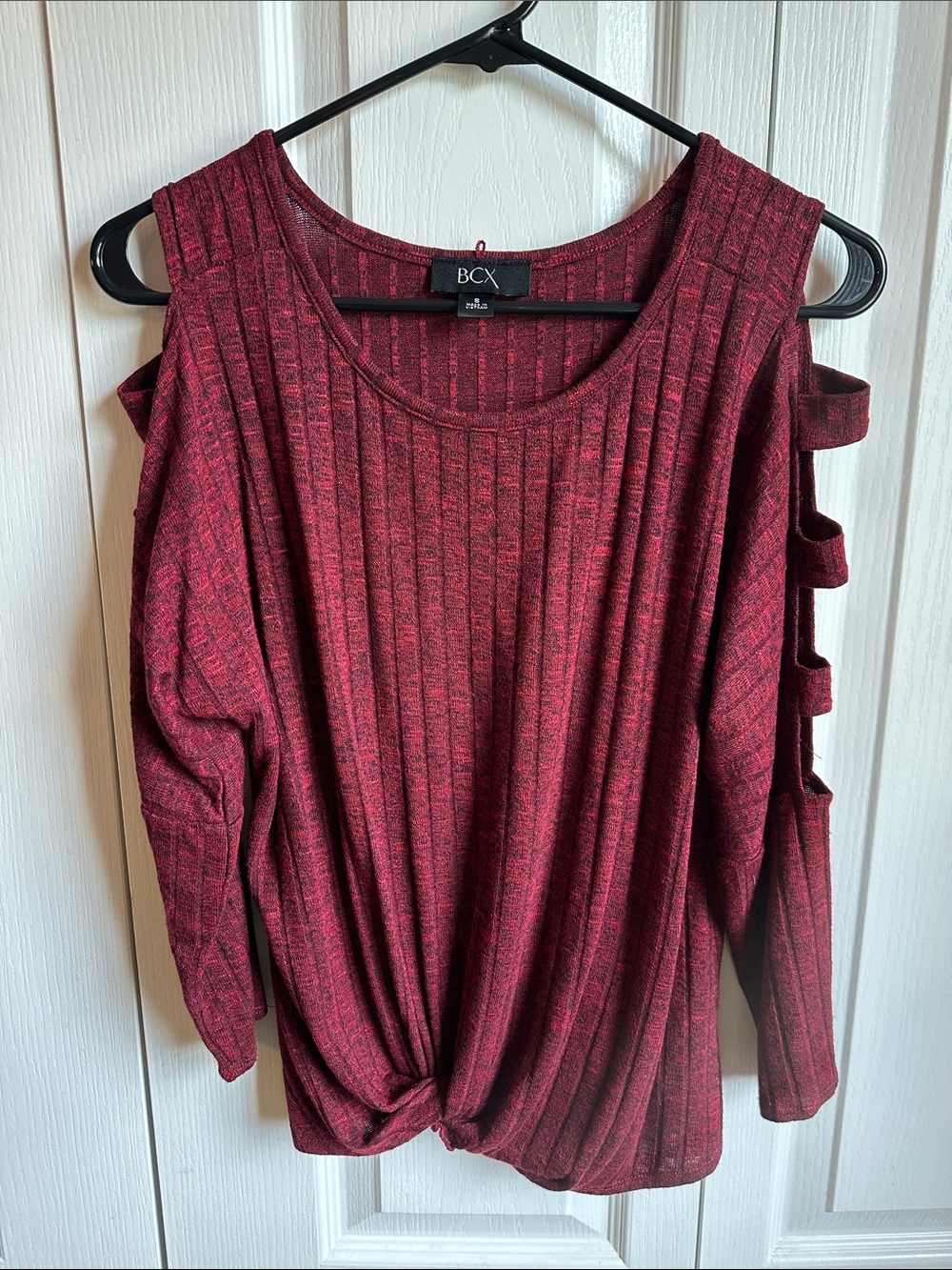 BCX Maroon Ribbed Cold-Shoulder Twist Top